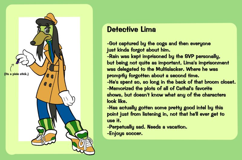 A character reference of Detective Lima from Toontown. Lima is a pale green cartoon dog wearing a trenchcoat, gloves, chunky sneakers, and a beret. He vaguely resembles a borzoi with long, floppy ears and a long snout. He has a sad, exhausted facial expression and holds a pixie stick like a cigarette. The other half of the image has text that describes more detail about his character. Unfortunately, I don't think the character limit will allow me to copy paste it here.