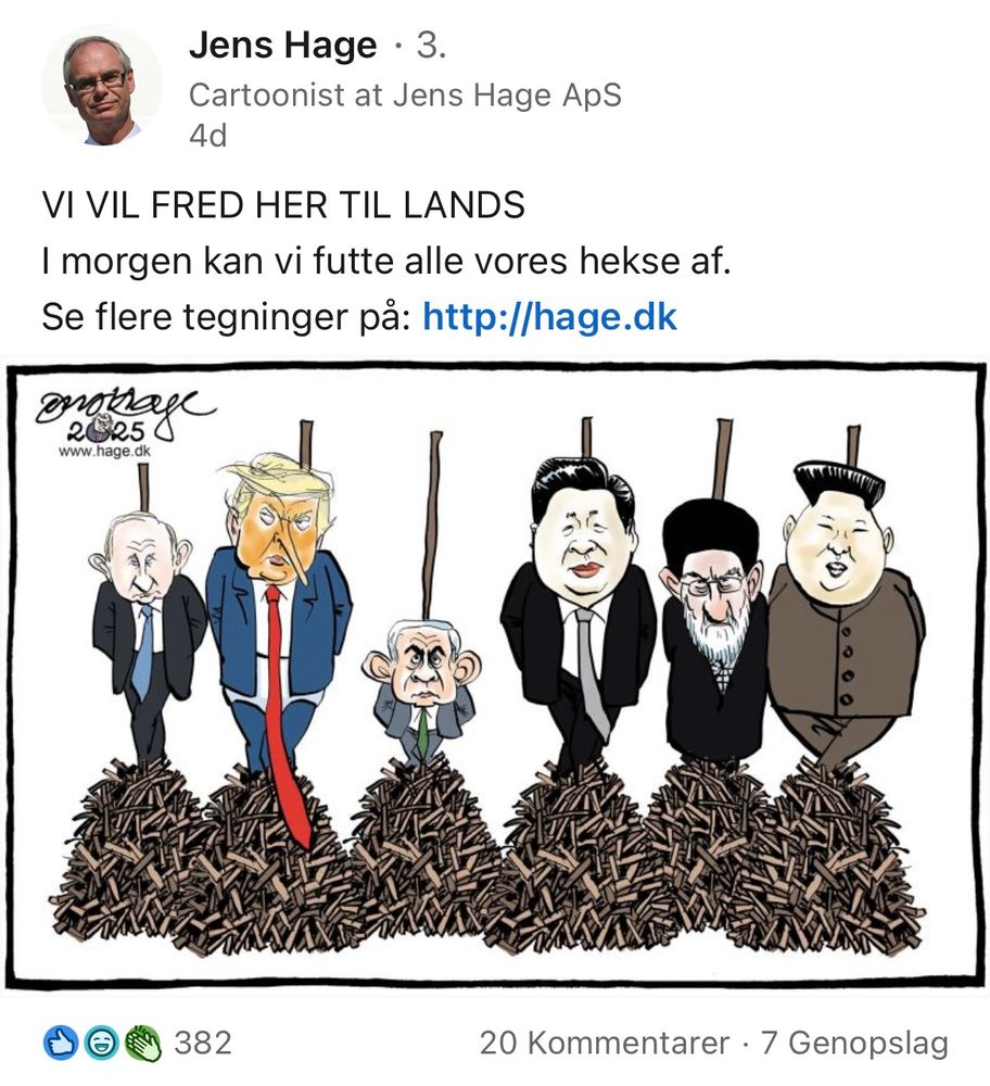 Putin, Trump, Netanyahu, Xi, Khamenei and Kim Jong Un each as witch on a Danish midsummer bonfire
