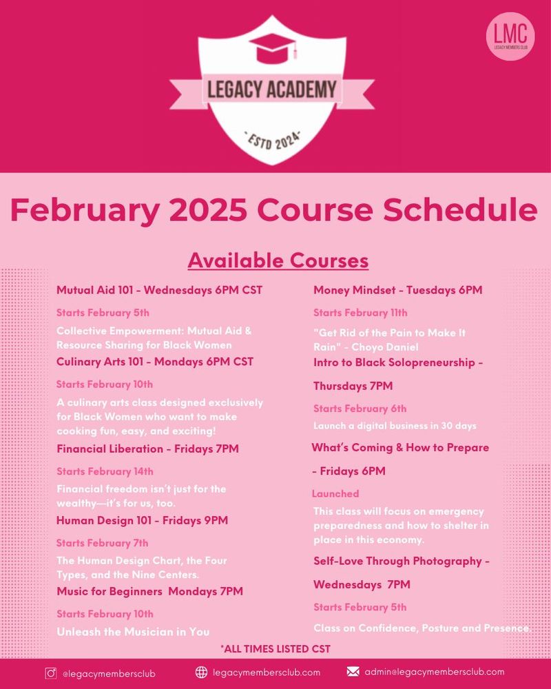 Legacy Members Club Feb course schedule 