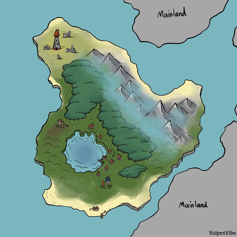 A map of an island coverd in trees and mountains, with a singular land-locked lake and a cluster of village buildings surrounding said lake.