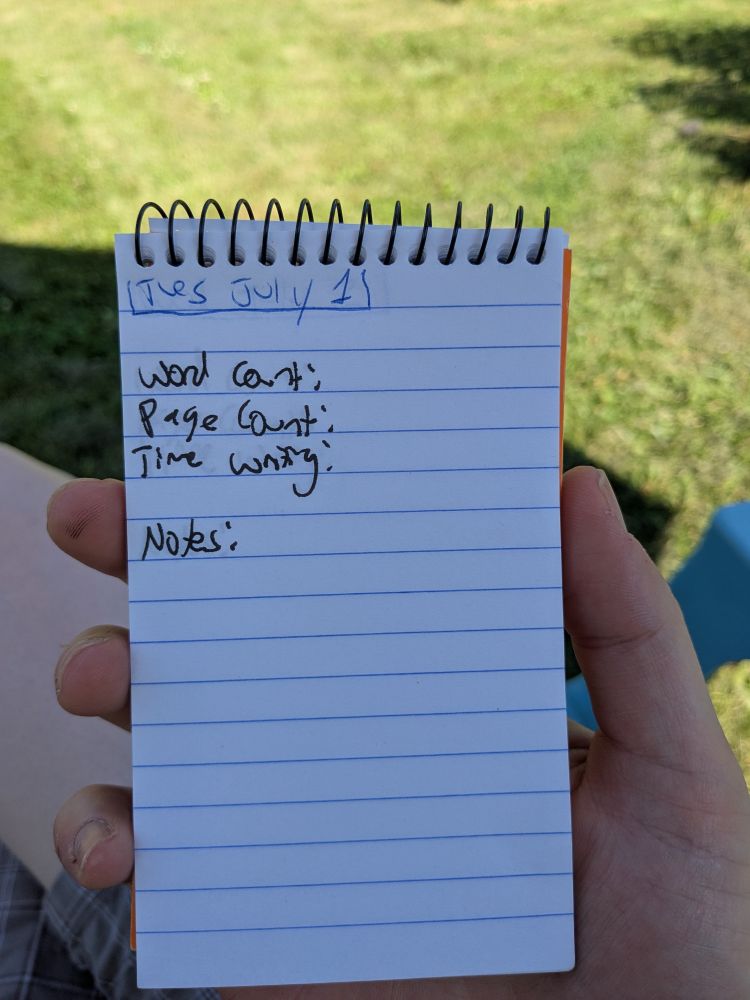 Picture of my memo pad this time with a page that reads "Tuesday July 1. Word count, page count, time writing, and notes"