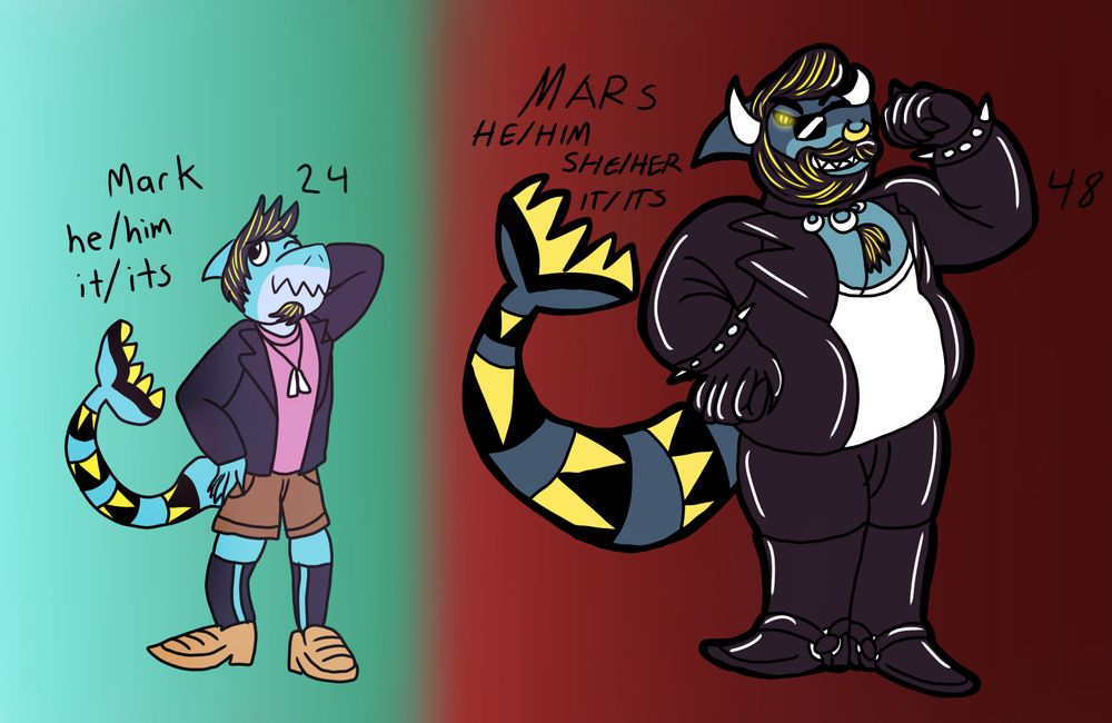 An illustration of Mark(he/him/it/its), age 24, and Mars(he/him/she/her/it/its), age 48.