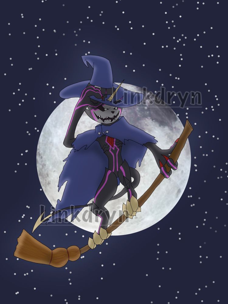 Gulusgammamon a bipedal digimon with black skin is standing on a broomstick. He’s wearing a tattered blue cape and a large witch hat in the same colour. His right hand holds his hat where his left holds his broomstick. Hes in front of the moon.