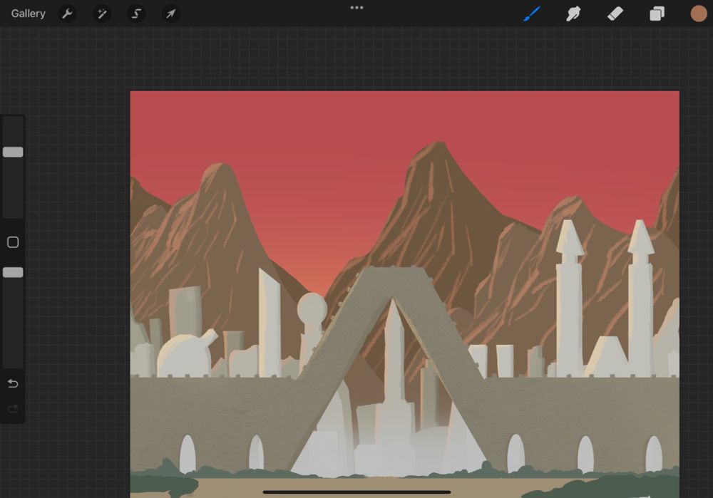 A procreate file, featuring a gray city at sunrise with mountains in the distance