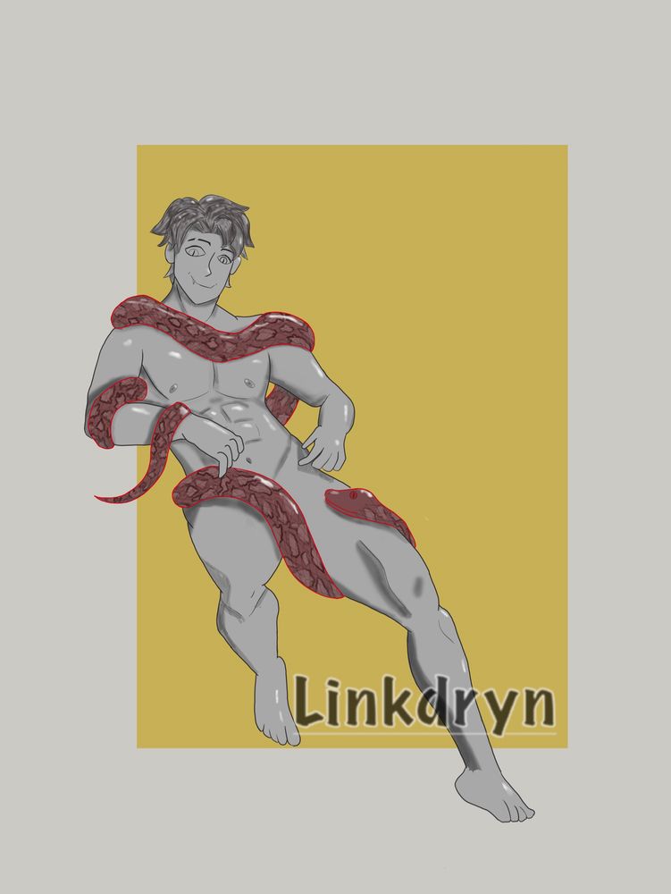 A drawing of a half naked male in grey with a red snake coiling around him
