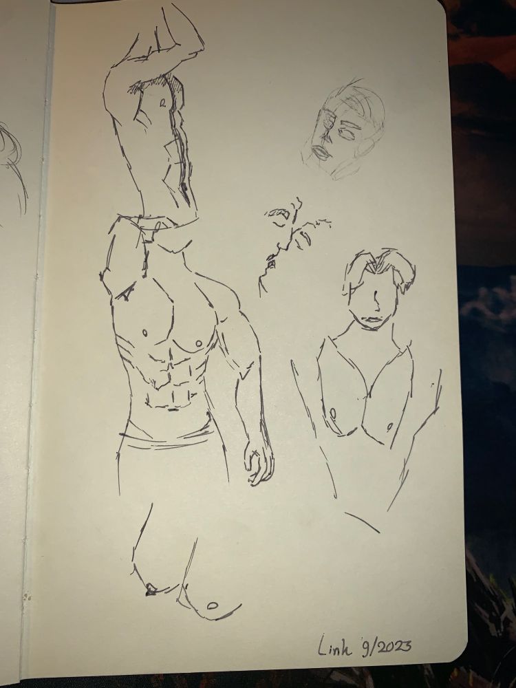 Male muscle sketch studies, page 1. Three male torsos in different positions are depicted here.