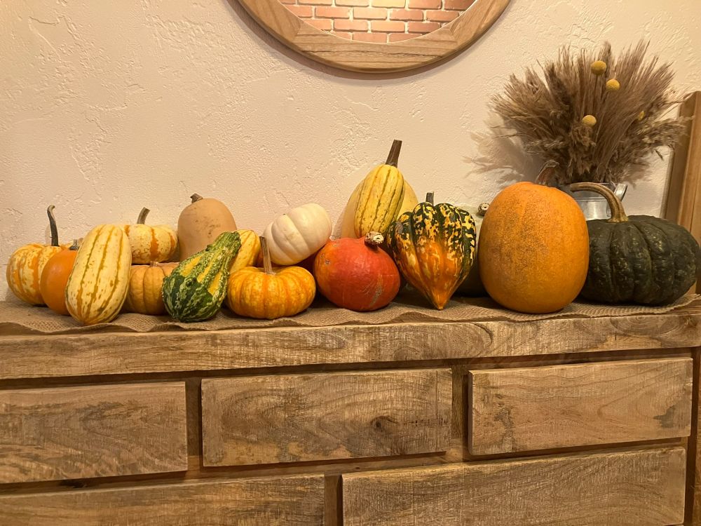 an assortment of decoratively arranged pumpkins and squashes on top of a console in our entryway