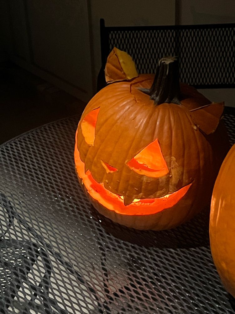 second image is of the cat carved pumpkin from a different angle with brighter lighting.