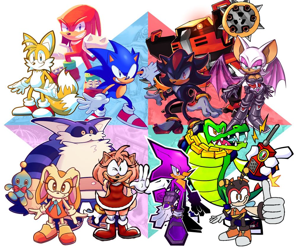 The 12 playable characters from Sonic Heroes, each drawn by a different artist. The characters pose in front of a simple diamond-shaped background element. Characters include Team Sonic (Sonic, Tails, Knuckles), Team Dark (Shadow, Rouge, Omega), Team Rose (Amy, Cream, Big) and Team Chaotix (Espio, Charmy, Vector).