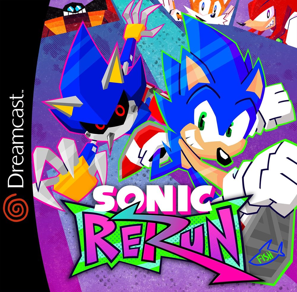 Cover/box art for "Sonic Rerun", a fan-created concept for a sequel to Sonic R. In the art, Sonic and Metal Sonic run towards the viewer.