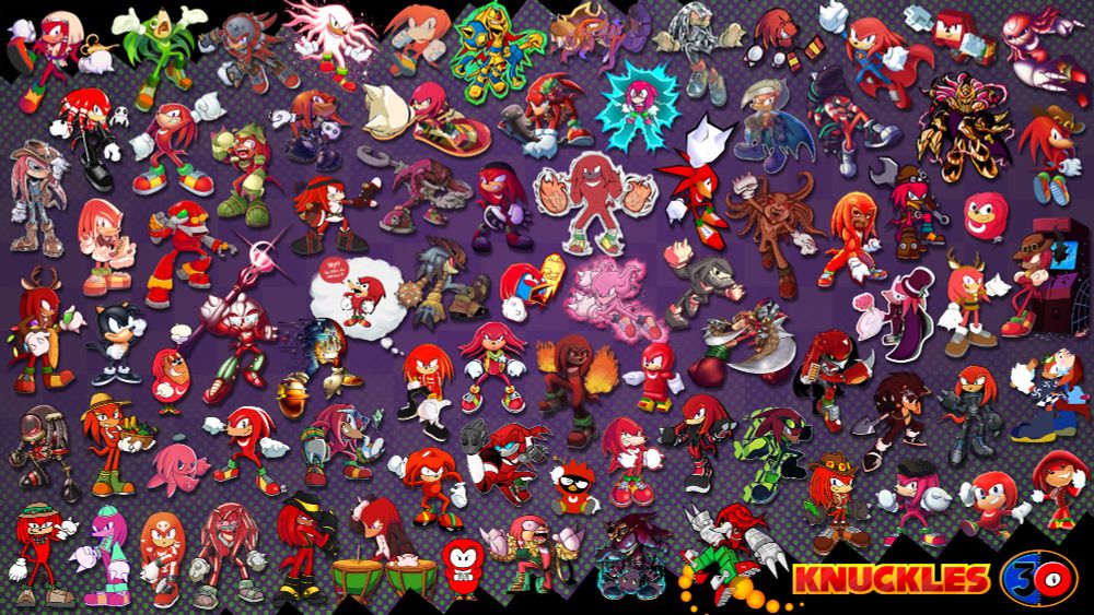 Art Collab including 82 versions of Knuckles the Echidna from the past 30 years of games, comics, TV, and crossovers. Each Knuckles was drawn by a different artist. Many different art styles were used. A "Knuckles 30" logo is in the bottom corner, evoking the Sonic & Knuckles game logo.