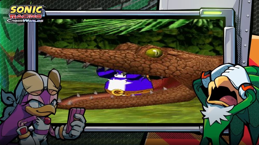 Wave and Jet standing in front of their monitor from the Sonic Racing Crosstalk/JetStream videos. Jet wails in pain as the monitor shows Big the Cat inside the mouth of a giant crocodile from Sonic Shuffle. Big struggles to hold the croc's mouth open and avoid being eaten. 