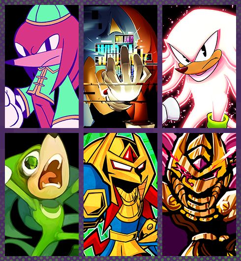 Close-up cropped images of the 6 versions of Knuckles drawn by the artists above.