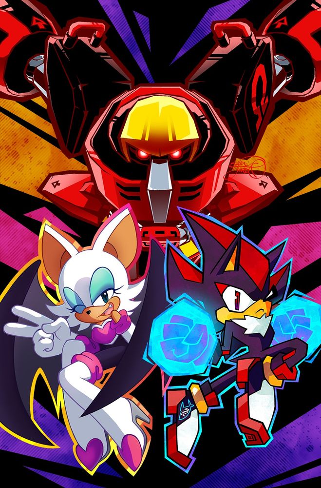 Shadow the Hedgehog, Rouge the Bat, and E-123 Omega jumping into action. Blue energy glows around Shadow's fists. Rouge winks and waves with 2 fingers. Omega's arms swing back as he leaps through the air.