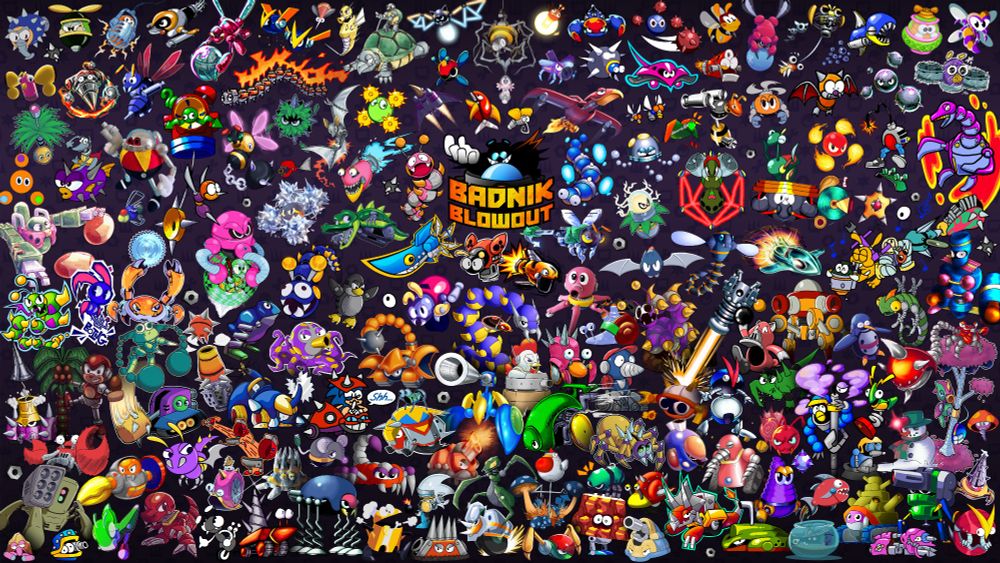 Collaborative artwork. A shadowy Dr. Eggman in the center of the image with only his eyes, toothy grin, and outstretched hand visible. Text reads, "Badnik Blowout." Waves of Badniks move out from that center point, all drawn in different styles by different artists.