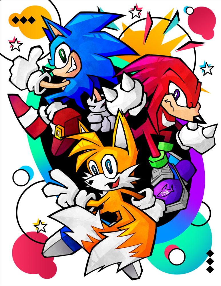Sonic, Tails, & Knuckles floating in the air in front of colorful shapes. This is a redraw of Sonic Jam promotional artwork. 