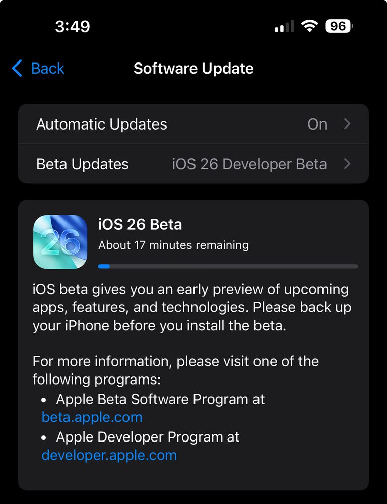 Screenshot showing me downloading the iOS 26 developer beta