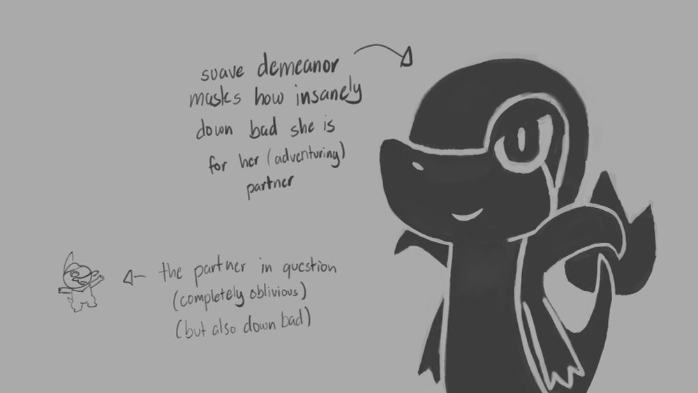 A crude depiction of the Pokemon Snivy, with text next to her that reads "suave demeanor masks how insanely down bad she is for her (adventuring) partner." In the corner is a hastily-drawn doodle of the Pokemon Axew, with text next to him that reads "the partner in question (completely oblivious) (but also down bad)".