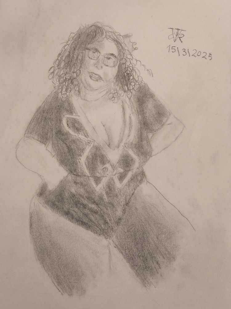 Drawing of a beautiful plumb woman  with curly hair wearing a black onese with cleavage and stockings, the drawing fades out before the knee. Her hands are on her hips, and she looks at the viewer with a slightly mocking expression. A small  crown sits lopsided on her head. Around the cleavage, there is an emblem in the form of a butterfly with each half on one side of the chest 