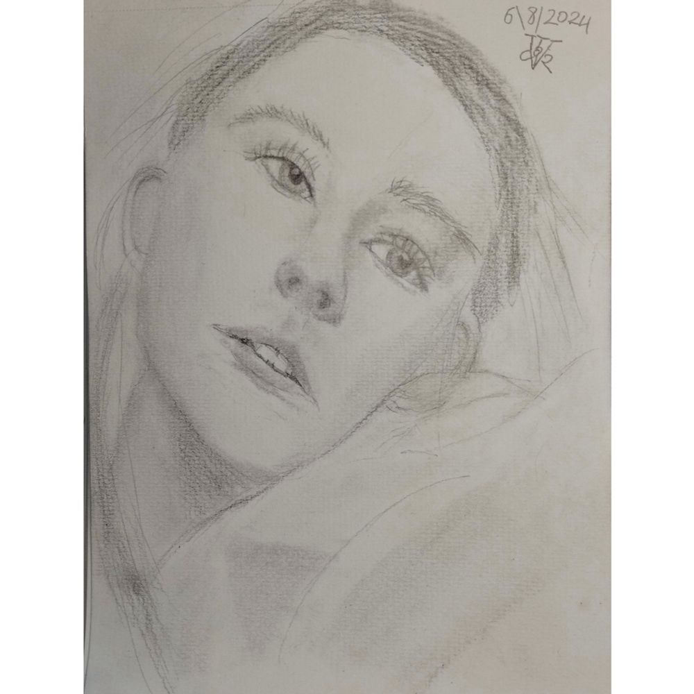 Portrait of a woman drawn in pencil with her head resting on her shoulder 