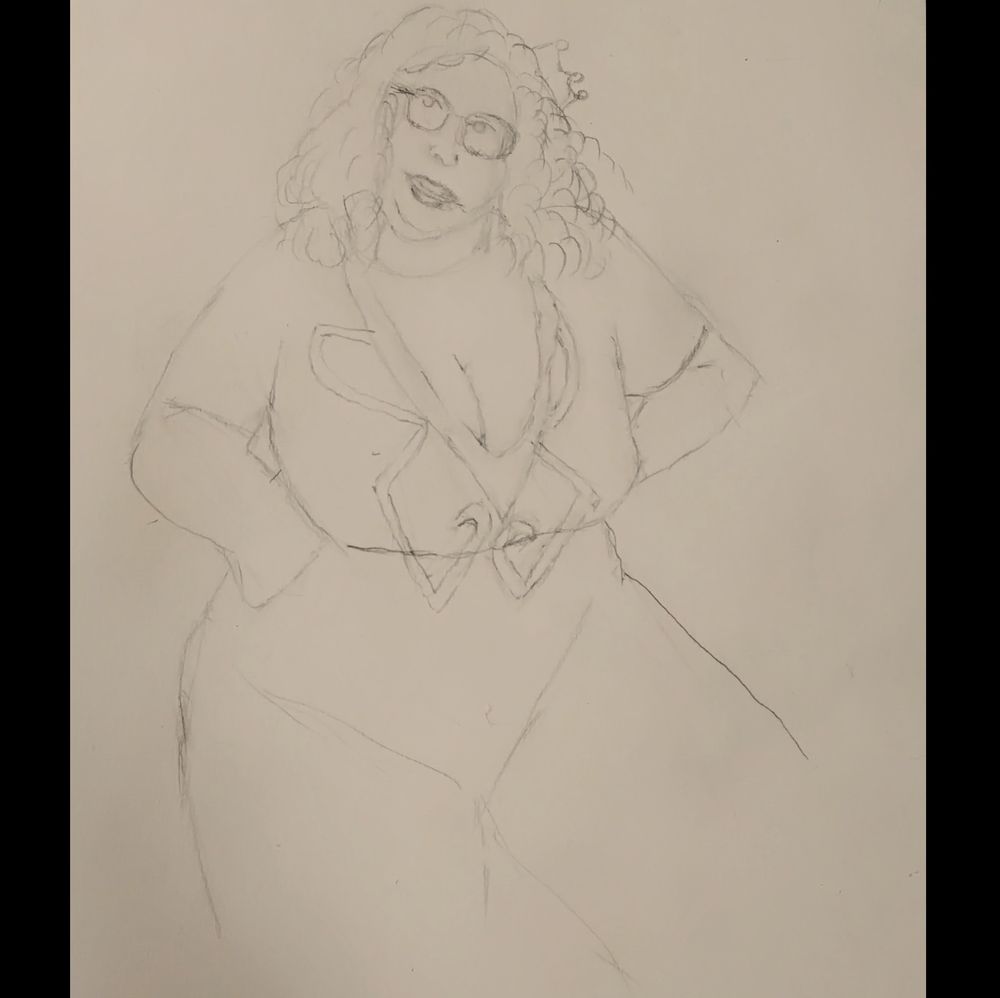 Lineart of a voluptuous woman wearing a tight costume with ample cleavage 