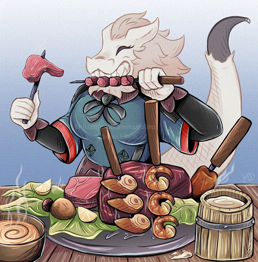 Dragonborn Paprika having a feast! 
For CabBagGoo :LuciLove: 

I dream of getting to eat monster hunter food 🤤