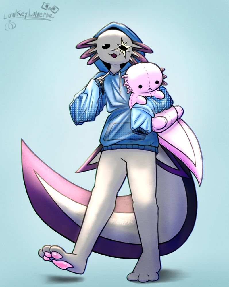 A cute axolotl character wearing a blue hoodie while holding a pink axolotl plushie.