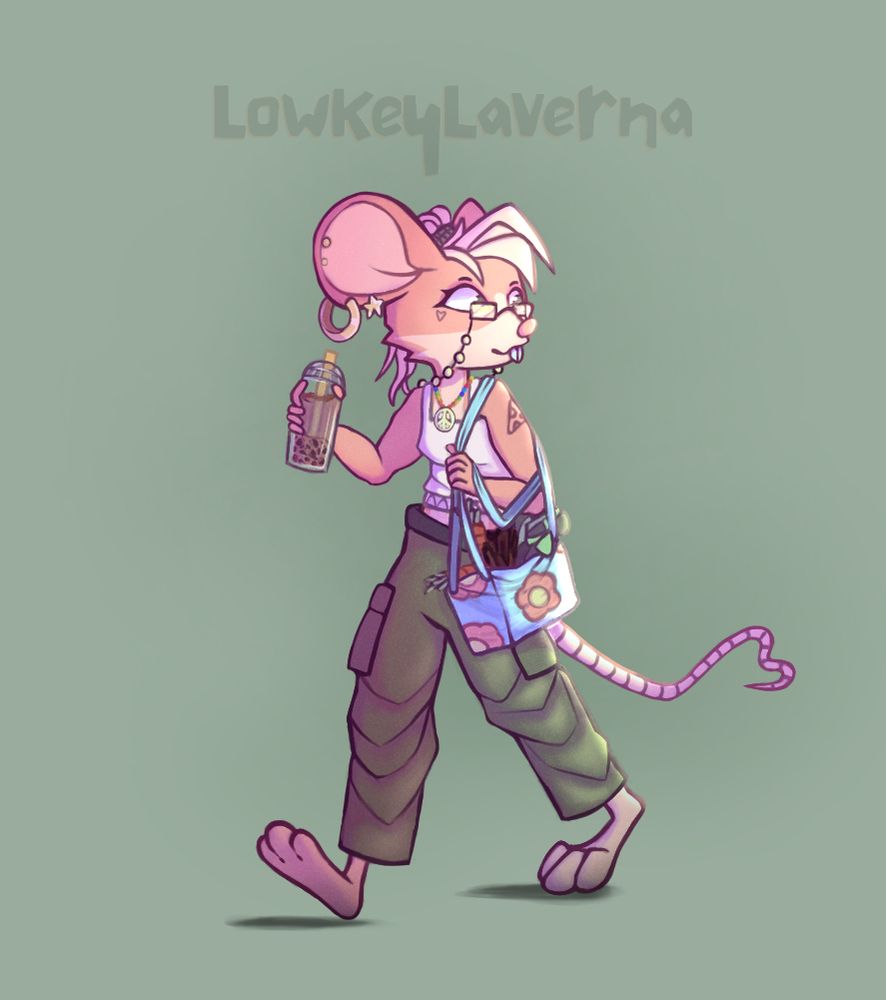 A pink anthropomorphic mouse carrying a blue bag with pink flowers on it. She is on a stroll carrying carrots, lettuce, and asparagus in her bag. She also has some Boba Tea in her right hand. 