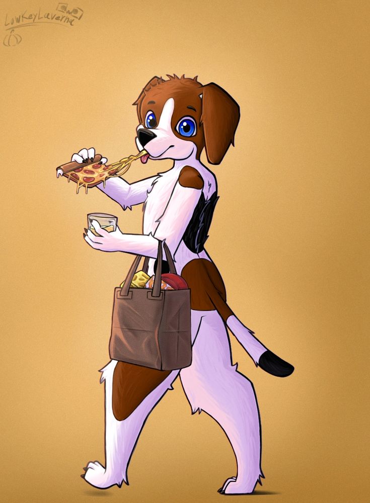 An anthropomorphic dog holding a paper bag full of cheese. While also eating a slice of pizza, dipped with more cheese.