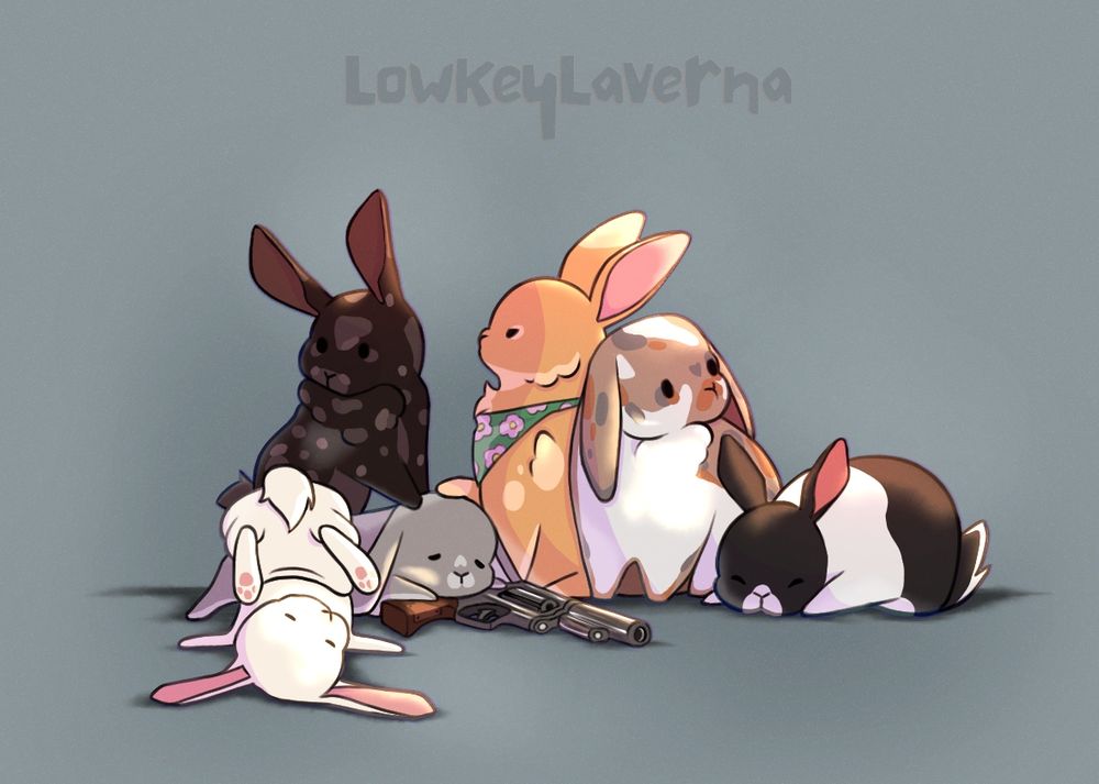 Six bunnies hanging out. There is a white bunny who is asleep. There's a half white and half black bunny who is stretching. There is a tan bunny who is protecting the grey bunny. There is a black bunny with light brown spots who is on top of the grey bunny. There is a brown bunny with orange, grey, and white spots. There is a grey bunny who is holding a gun. 