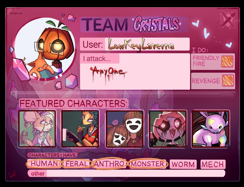 Showcasing different characters for a competitive and fun art event called Artfight.