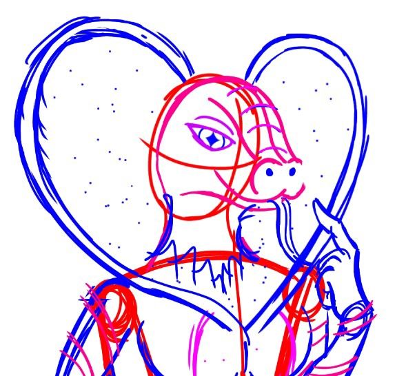 Sketch of the top of the body of a naga, tongue out and eyes teasing, a hand telling you to come closer, the cosmos shining on his hood, which begins on the front of his chest