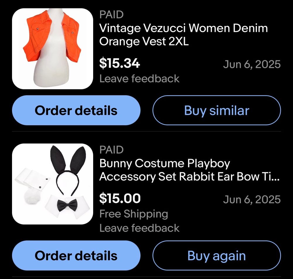 An eBay screenshot of two purchases, one of an orange denim women's cropped vest and the other of a bunny ears + tail + collar + cuffs accessory set