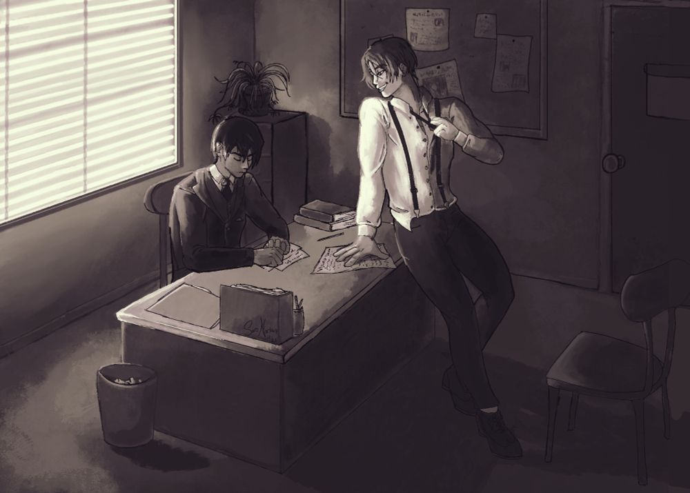 A noir-style digital painting of two men: one in a suit sitting at a desk, the other in a dress shirt, slacks, and suspenders leaning on said desk as he tugs at his undone tie and grins at the first man. The characters are Haruka Nanase and Rin Matsuoka from Free!