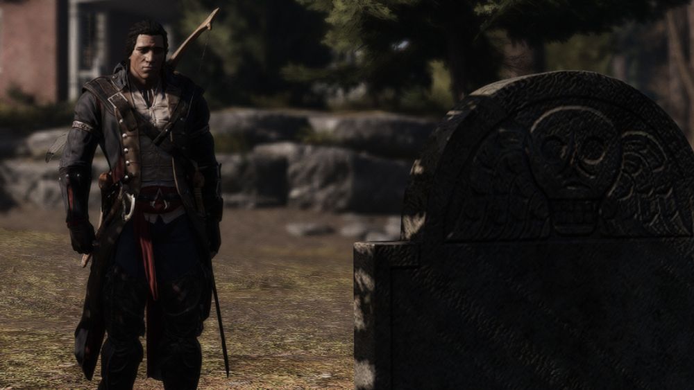 Ratonhnhaké:ton (Connor) looking solemnly at the recent grave of his mentor and father figure.