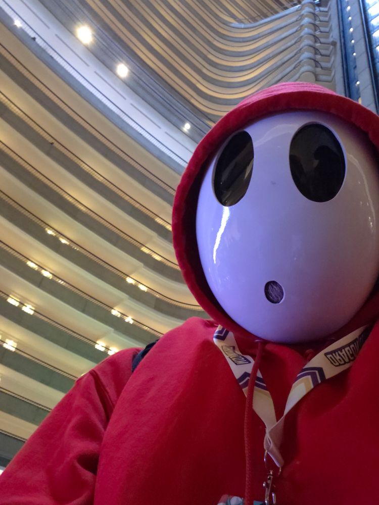 Me dressed a shy guy from Mario. Red hooded jacket, with the hood pulled up. Shy guys wear solid white masks with big black eyes