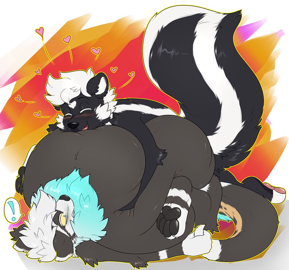 Skah the skunk is laying on top of the very big & filled tummy of Kybou happily.  Implied that Skah filled Kybou's tummy to be that big.