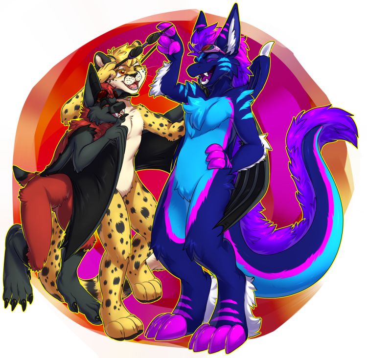 Rezz the dragon is teasing obscura the cheetah by pulling their goggles off their face somewhat.  Kofi is hugging both of them and laughing along.  
