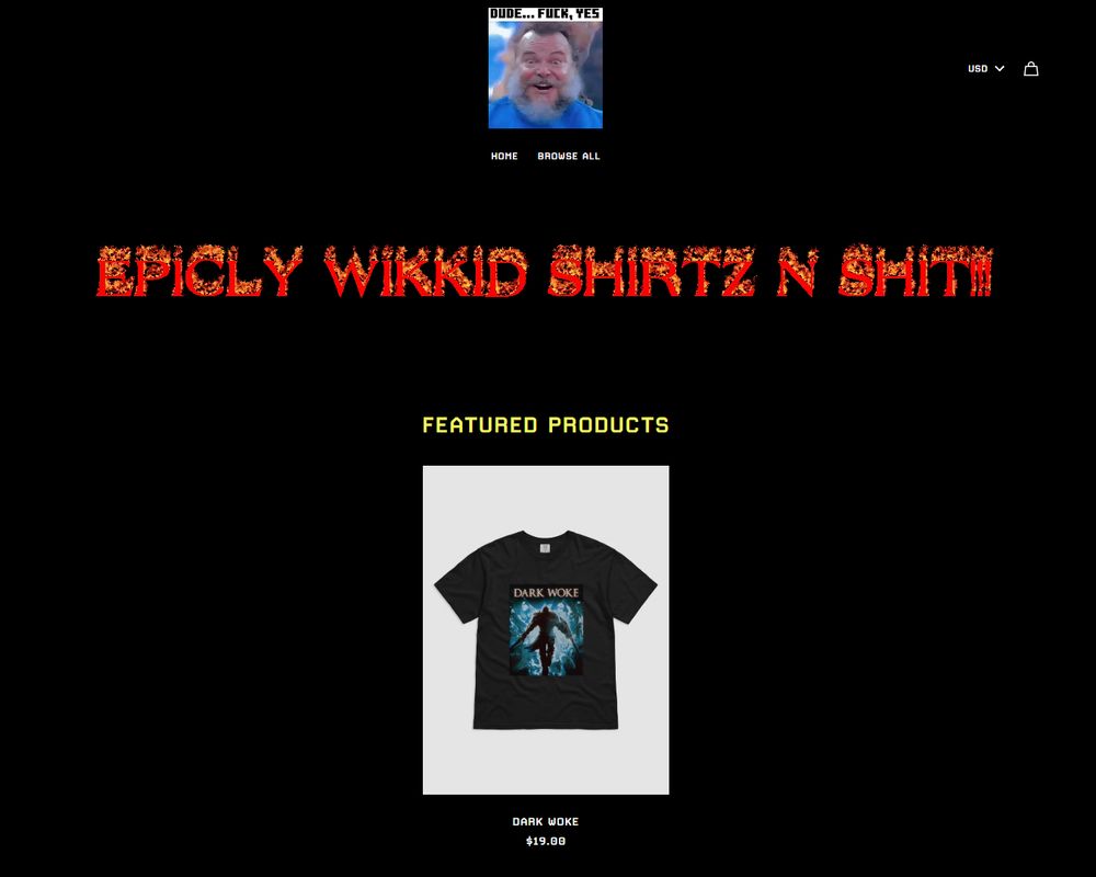 FourthWall website titled "EPICLY WIKKID SHIRTZ N SHIT!!!" featuring a black shirt that says "Dark Woke" in the Dark Souls font with a Dark Souls background.