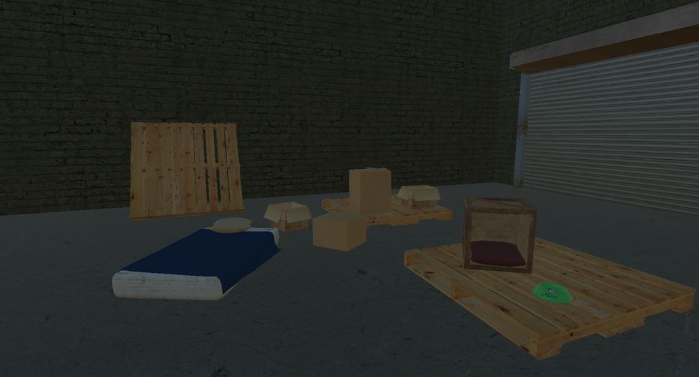 Dark warehouse scene in Unity, including a mattress, blanket, pet bed, pet bowl, and boxes scattered around