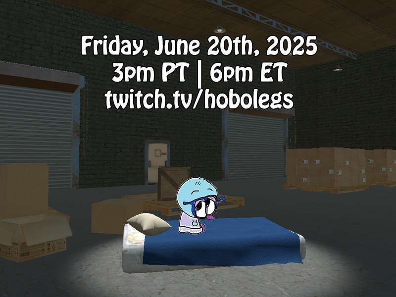 Warehouse promo of Shaun, with the text: Friday, June 20th, 2025; 3pm PT | 6pm ET; twitch.tv/hobolegs