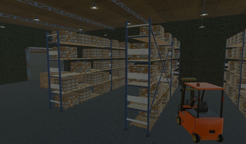 Dark warehouse scene in Unity with a forklift and rows of boxes on shelves
