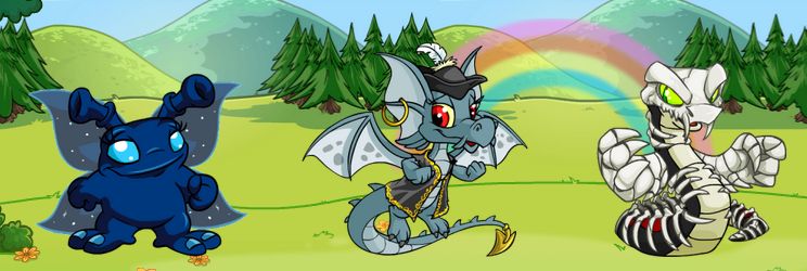 3 neopets, from left to right: faerie grundo, pirate draik, and halloween hissi