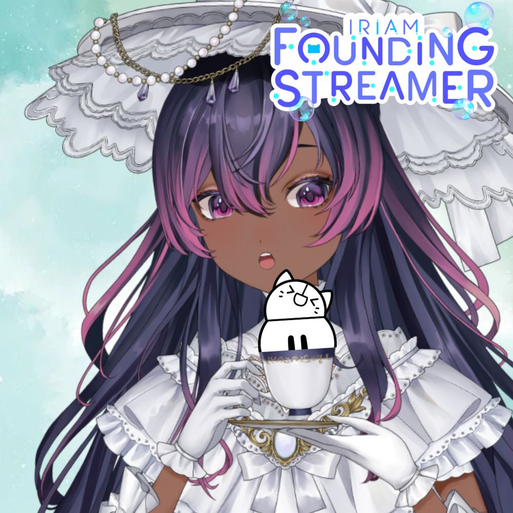 A purple haired villainess vtuber holding a tea cup with a small white cat creature popping out of it. The words IRIAM Founding Streamer at in the top right