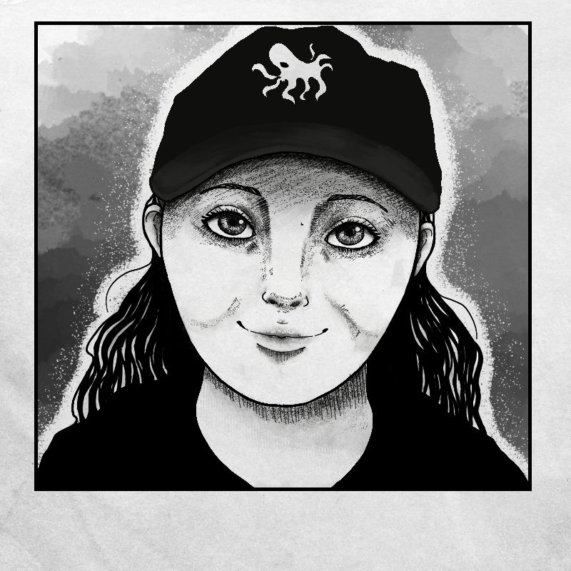 A black and white portrait drawn of me, Niamh, in the style of Junji Ito. I am wearing a cap with an octopus on it