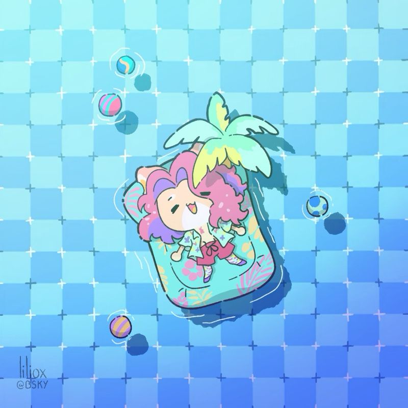 Chibi of Maxwell's fursona Palm Version lying down on a pool float with some balls scattered around. The background is a visual illusion that makes it look like it's moving so it's being used here as the water under the balls and the pool float to give it a slightly 3D look.