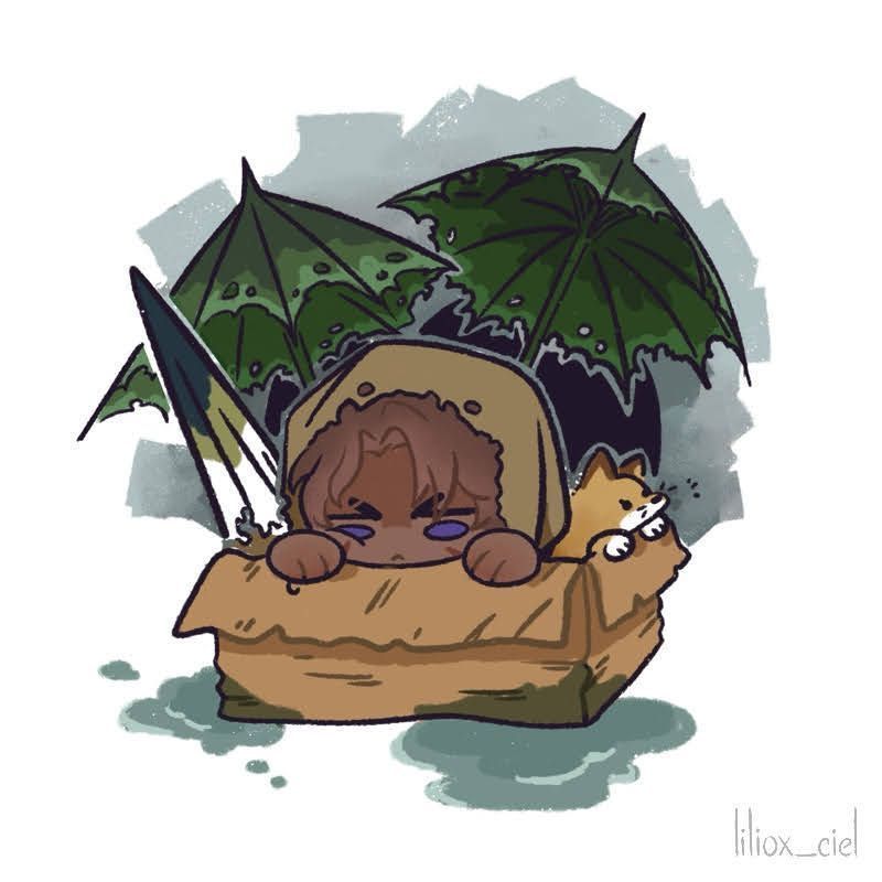 Chibi of Sunshower Heathcliff inside a box alongside the little fox-cat critter from the ID art, a little parody of the wet cat/dog trope inside a box.