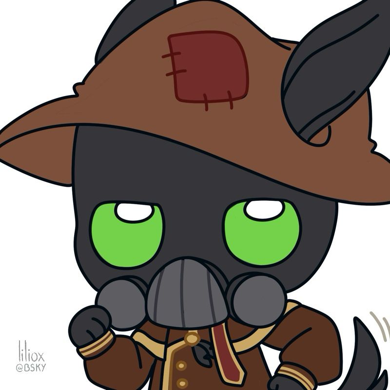 Chibi of revscarecrow sona as an uma musume, wearing clothes inspired in his usual clothes as he runs.