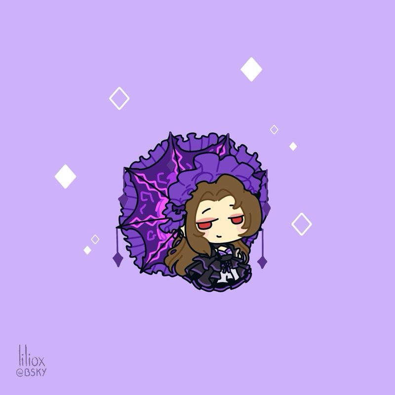 Chibi of The Princess of La Manchaland ID Rodya, wearing a big puffy dress while holding her umbrella weapon. She has a smug expression.