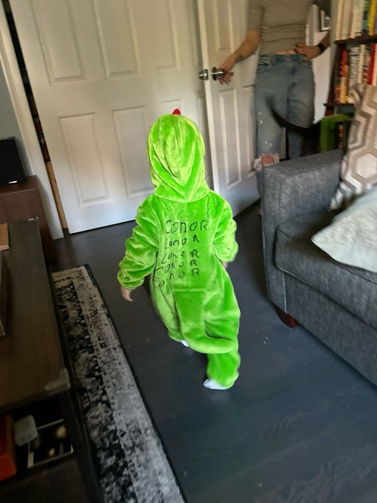 A little boy in a green chameleon costume with the words Conor Conor Conor Conor Conor written on the back